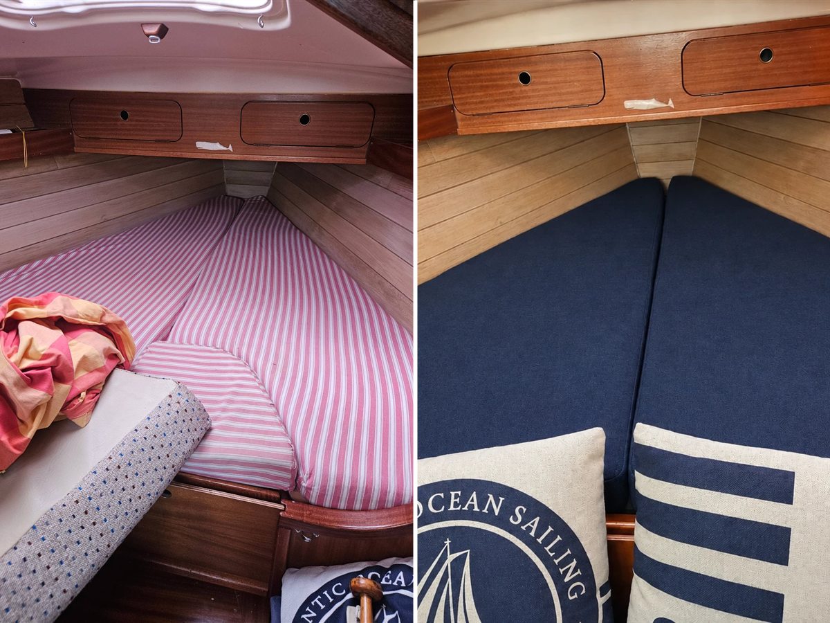 Couchette en V, matelas rayés usés avant et refaits en tissu bleu marine après